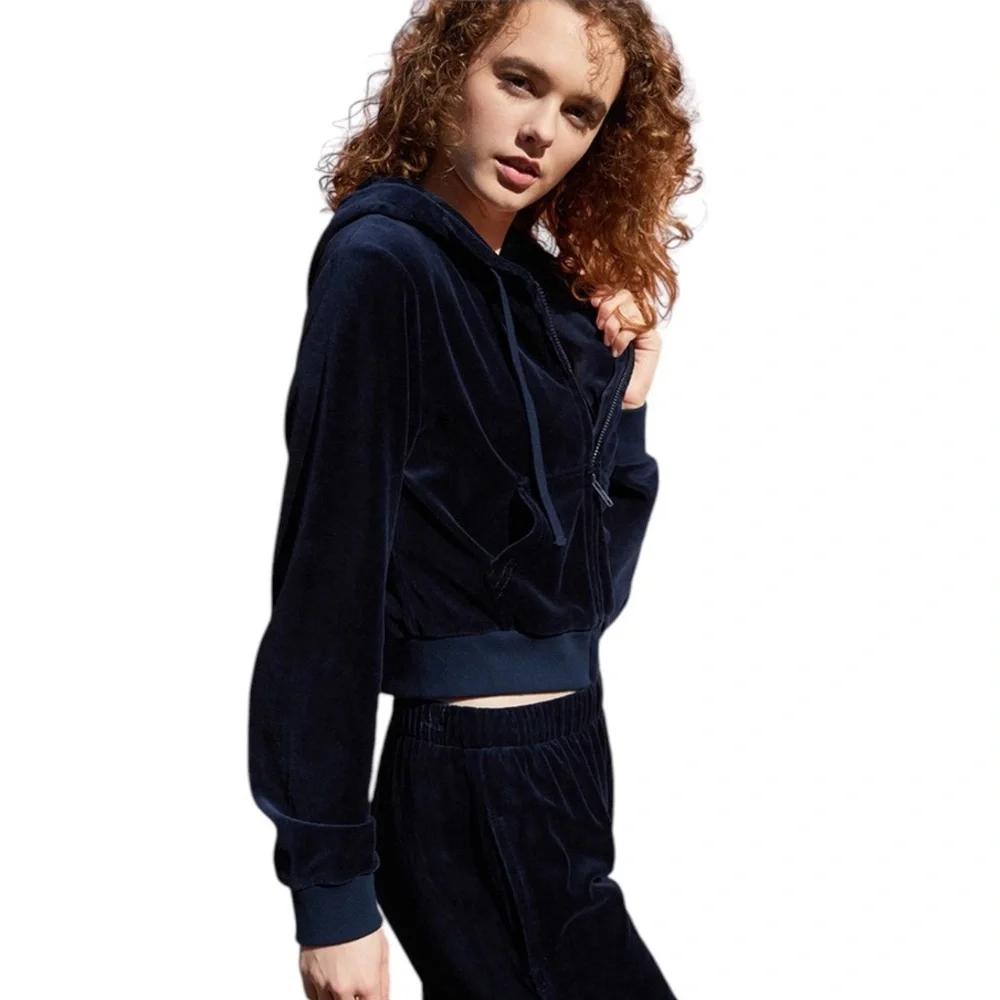 JOHN GALT / BRANDY MELVILLE Velour Full Zip Hoodie in Navy - New With Ta…